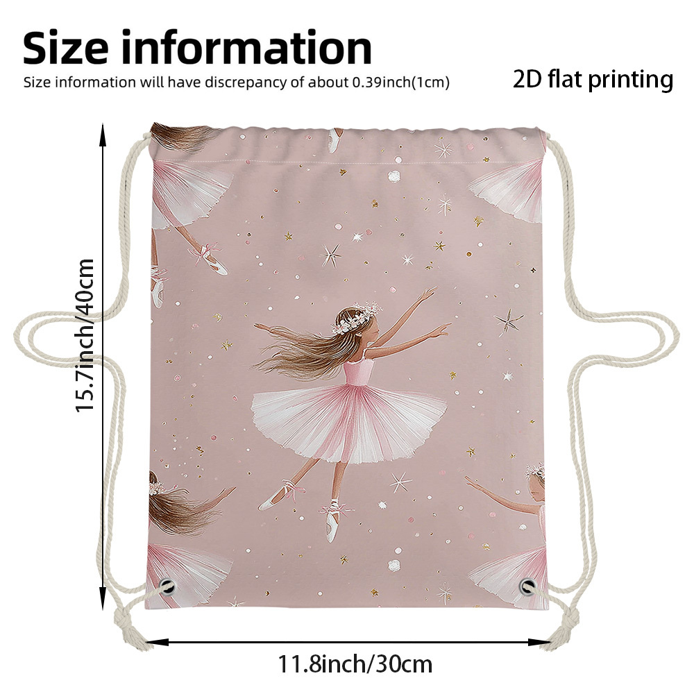 TEMU 1pc 2d Flat Printed Drawstring Ballerina Dance Stars Fitness Pouch, Unisex Backpack For Hiking And Travel, Sturdy Drawstring Bag With ., 2d Flat