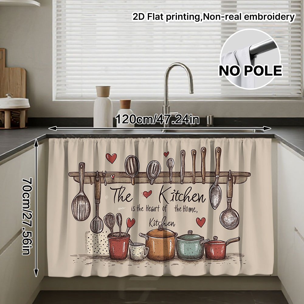 TEMU 2d Flat, 1pc Cabinet Curtain - Kitchen Utensils And Hearts Pattern, Convenient Hanging Design, , Washable, Durable Structure, Storage Space, ,