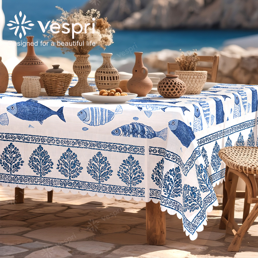 TEMU Ocean Tablecloth, White And Blue Decor, Fish And Leaves, , Seaside Home Decor, Oval Shape, For Spring Summer Dining Party Festival Outdoor Use