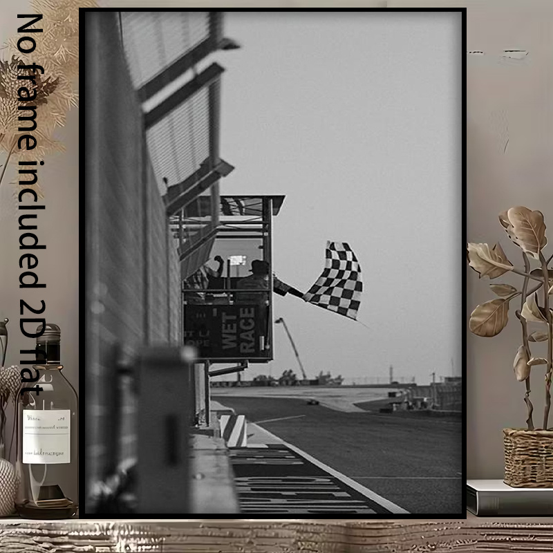 TEMU 2d Flat, Posters & Prints, 2d Flat, Multiple Sizes , Frameless, 1pc, Canvas Print, Black And White Racing Track Moment: Canvas Art The Waving Of