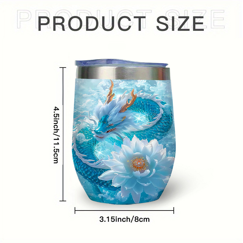 TEMU Single 12oz Stainless Steel Tumbler, , Featuring A Dragon And Lotus Design, Perfect For Office Use, , Home, Travel, And Picnics