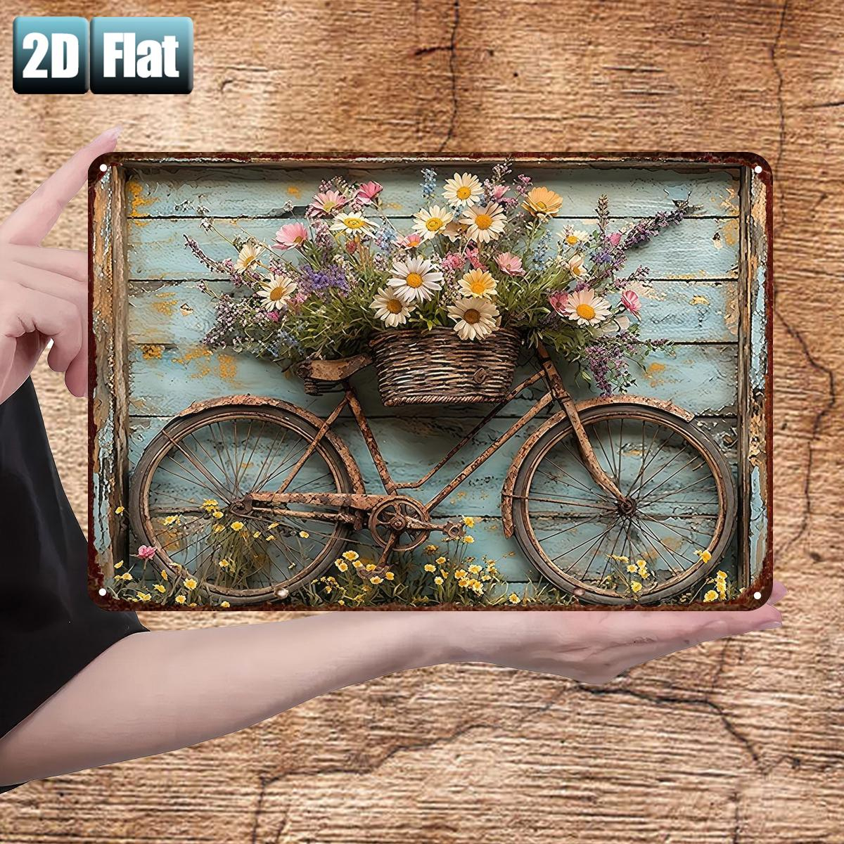 TEMU 2d Flat, 2d Flat 1pc, A Rustic Bicycle With A Basket Of Wildflowers Against A Weathered Wooden Wall, Metal Iron Sign, Size (8"x12"/20cm X 30cm)