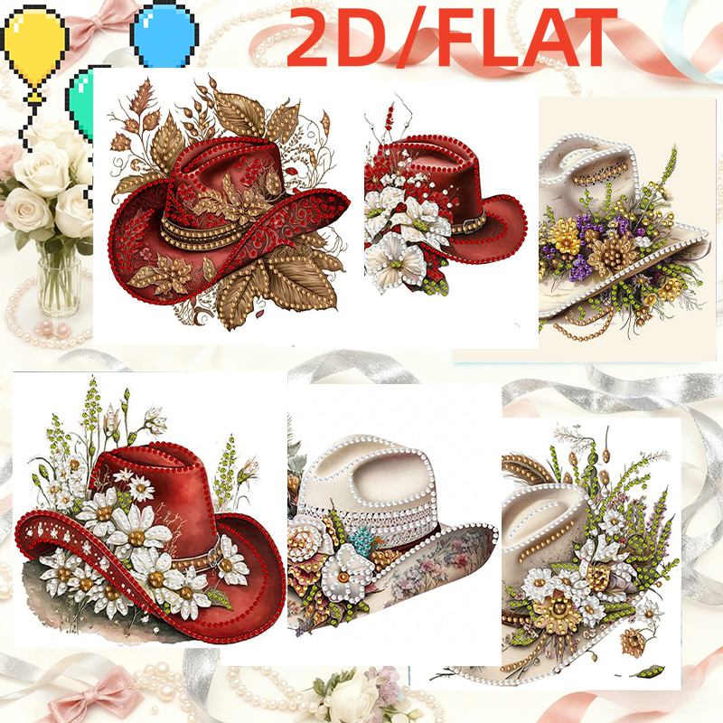 TEMU 6pcs Diy Diamond Painting Greeting Card Kit - Flower Embellished Cowboy Hat Design - Art For Birthdays, Holidays, And - Adult Craft Party Gift -