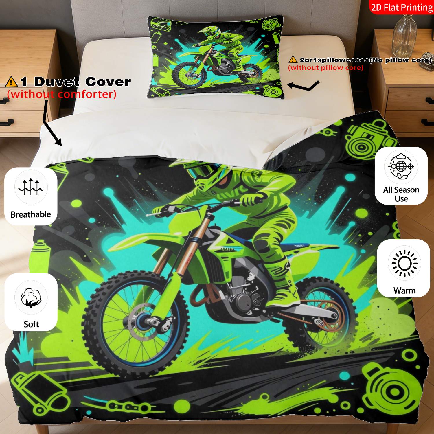 TEMU 2/3pcs 2d Flat Print -themed Bedding Featuring A Fluorescent Green Dirt Motocross Helmet Design, Ideal For Different Events (includes 1 Duvet