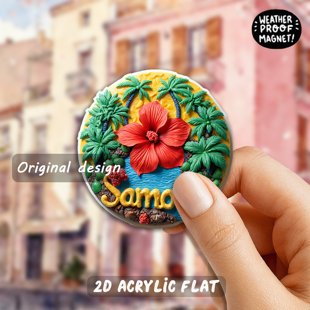 TEMU 1pc 2d Flat, Acrylic Fridge Magnet,'s Day,easter,united States 250th Anniversary,tropical Paradise Samoa Map - Vibrant Hibiscus & Palm - , &
