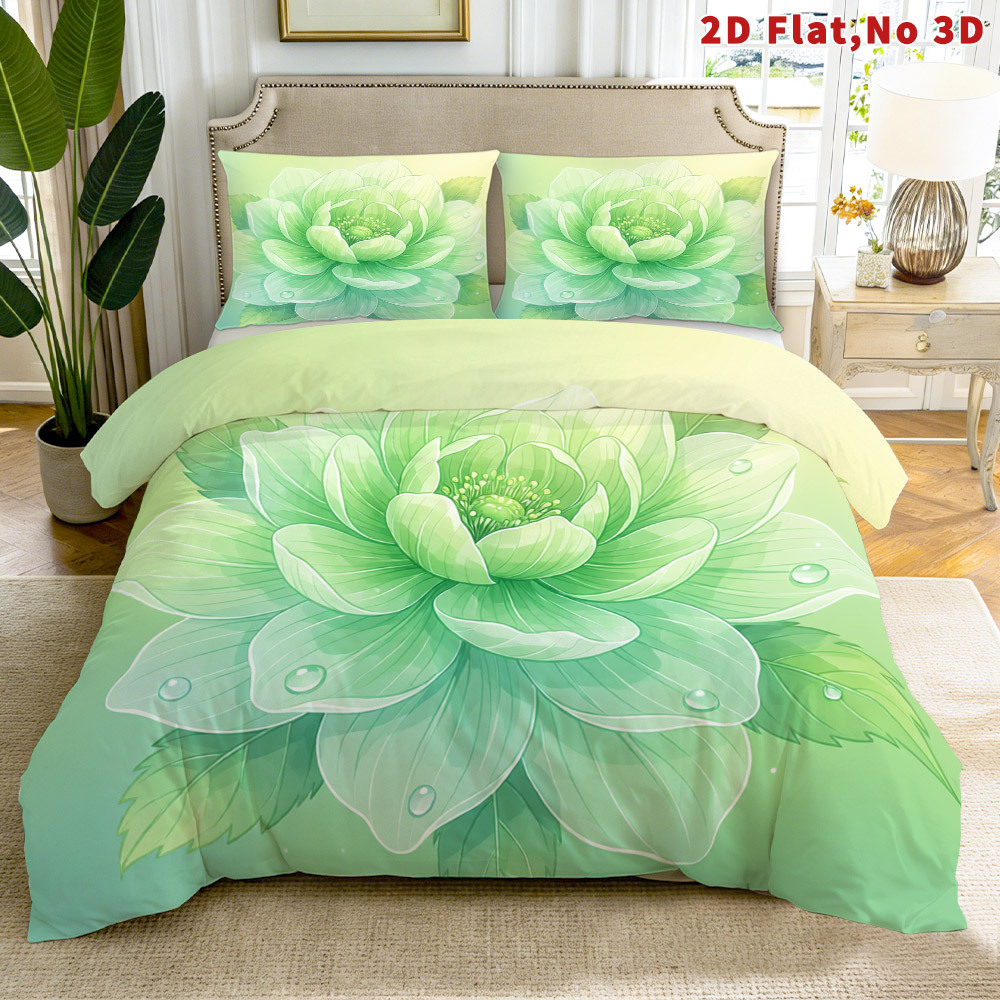 TEMU 2d Flat 2/3pcs Green Flower Pattern Duvet Cover Set Queen King Full Sizes Bedding Green Flower Pattern 1 Duvet Cover   1/2 Pillowcases Machine