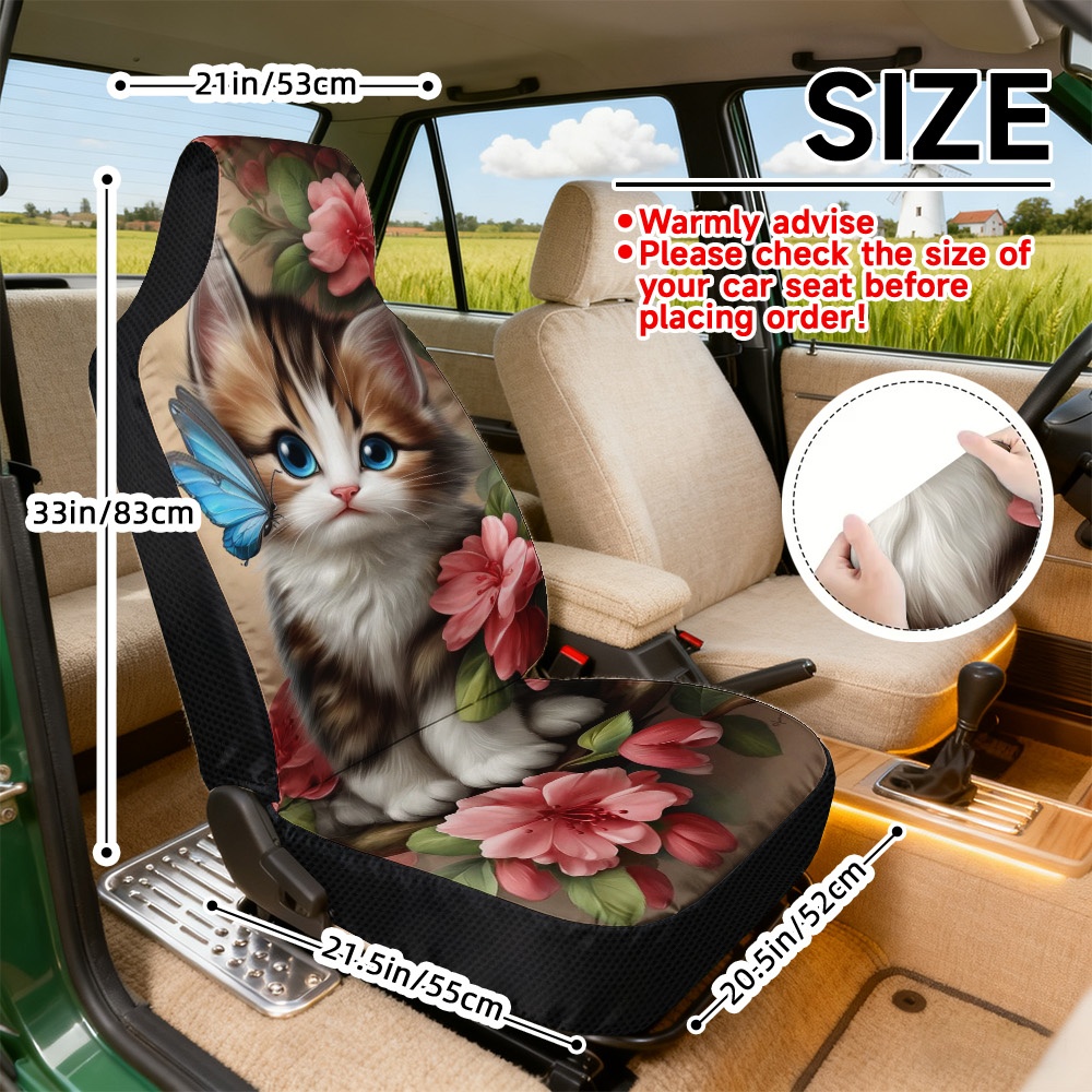 TEMU 2d Flat Printing, 2pcs Car Seat Covers Front Seat, Soft Seat Covers, Kitten With Design, Universal Car Seat Cover, , Machine Washable, Designed