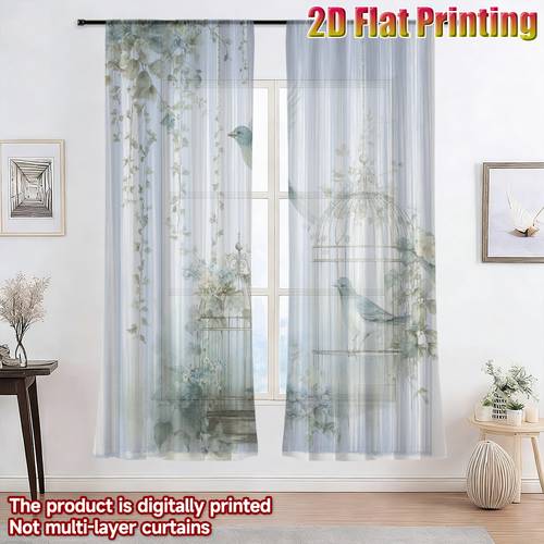 2d flat 2d flat 2d flat gauze curtain 2pcs birds and ivy cages pattern light filtering chic chiffon semi sheer curtain festive decorations gifts tulle curtains easy to hang for bedroom office room and study
