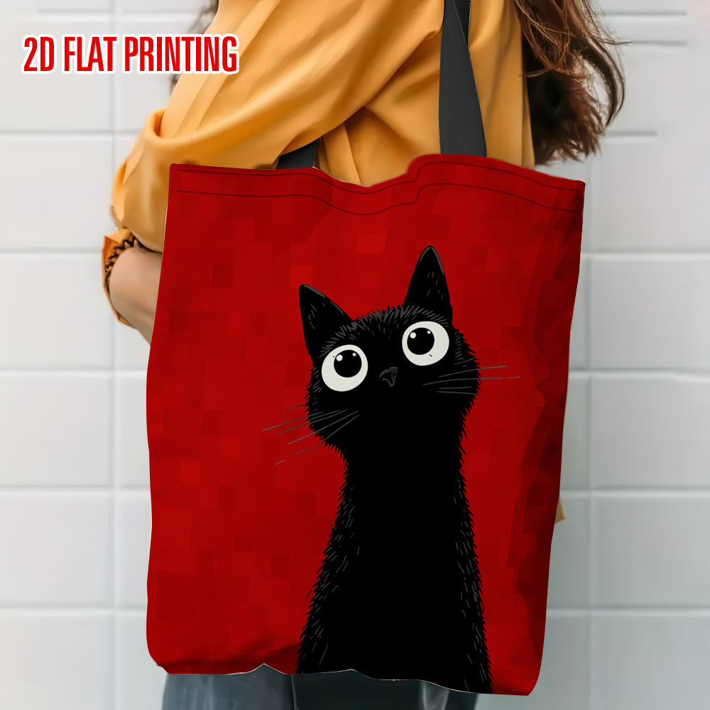 TEMU 1pc,2d Flat Printed Tote Bag, Black Background Pattern - Casual, Spacious And Multi-functional Women's Large-capacity Shoulder Shopping Bag,