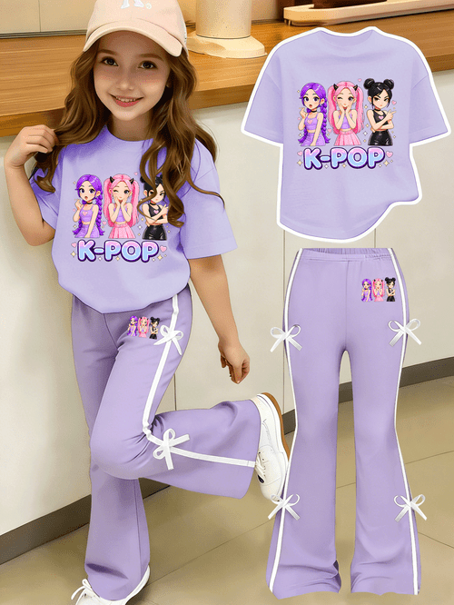 this two piece set for girls features a stylish t shirt and flared pants showcasing a sweet and cool kpop inspired print the flared pants have a bow lace design with a relaxed t shirt for outdoor