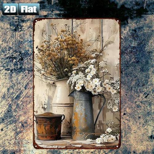 2d flat 1pc rustic still life dried flowers in vintage vases metal tin sign size 8 x12 20cm 30cm decoratve paintings room restaurant bar door garage decor