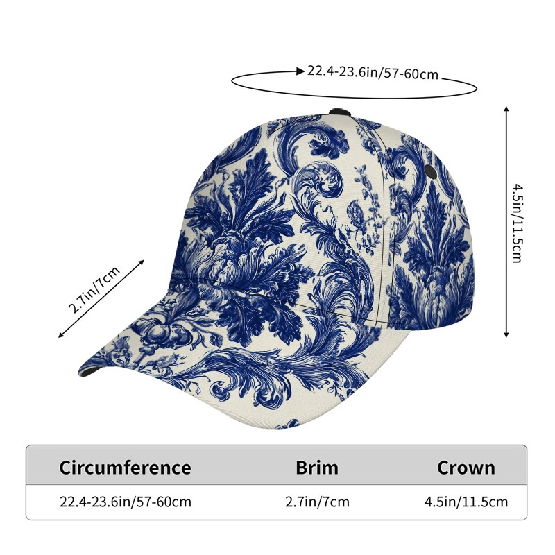 TEMU 1pc Trendy Blue Floral Ornaments Printed Baseball Cap, Unisex Adjustable Breathable Hat For Streetwear, Hiking & Mountaineering, Daily Casual