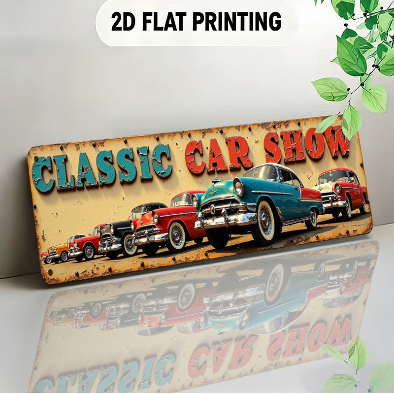 TEMU 2d Flat - A Vintage-style Signboard With 2d Retro Design Showcasing Classic Car Illustrations, Auto Shows, Garages, Man Caves, , And Other ,