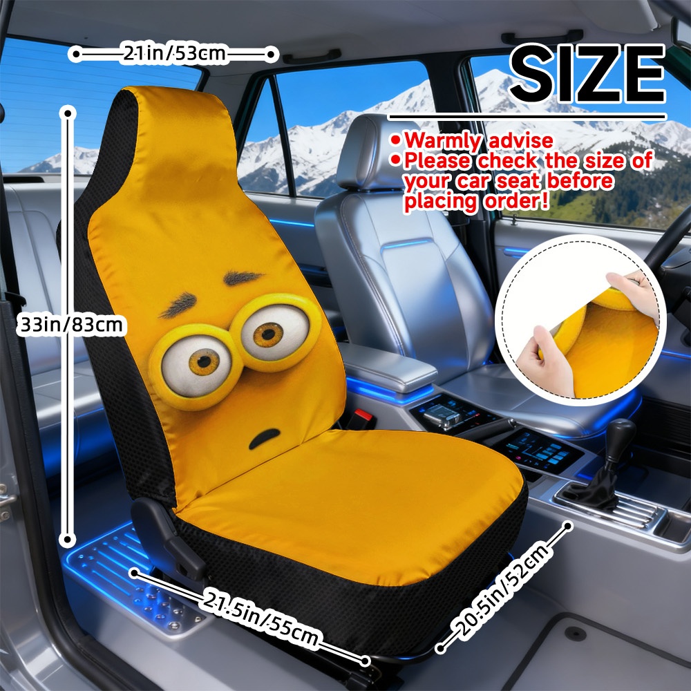 TEMU 2d Flat Printing, 2pcs Yellow Cartoon Face Print Car Seat Covers, Universal Fit Front Seats, Durable Polyester Fabric, Soft Seat Covers, ,