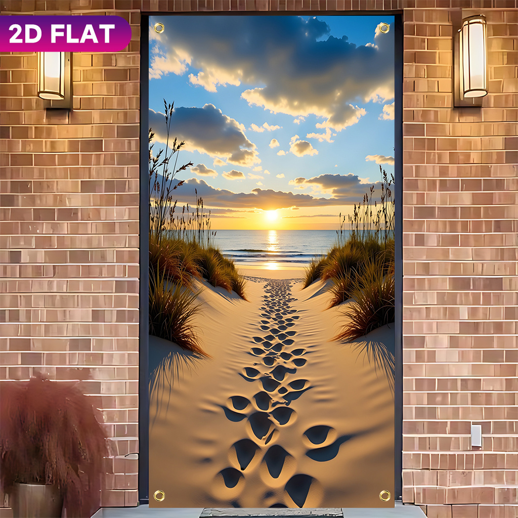 TEMU 2d Door Curtain, 1pc Contemporary Beach Sunrise Footprints Door Curtain Panel - Machine Washable Polyester Fabric Suitable For Bedroom, Living