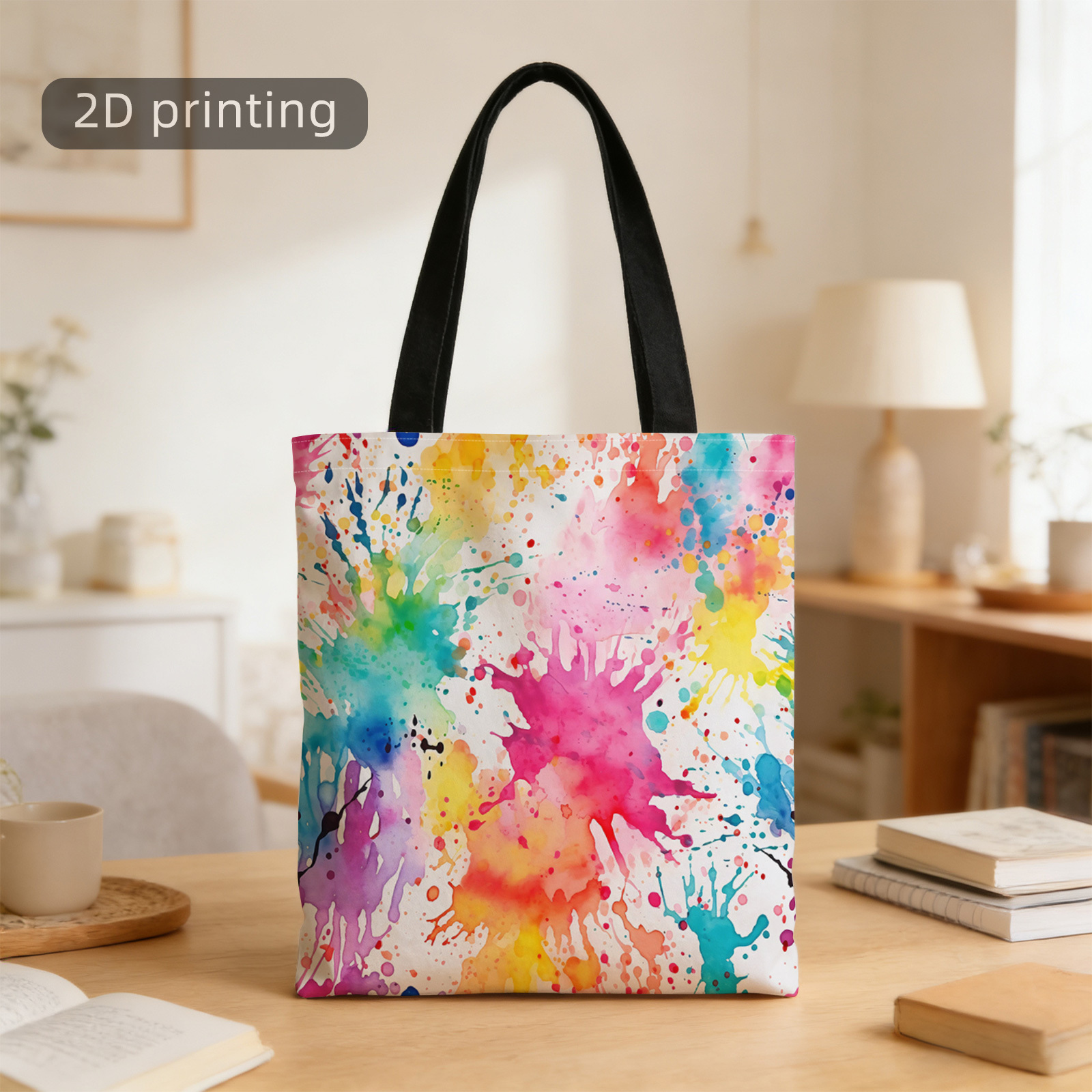 TEMU Borsa tote 1 pz con stampa 2D, colorata, astratta, con schizzi, ad , vivace, riutilizzabile, borsa a spalla elegante, borsa tote, borsa per ,