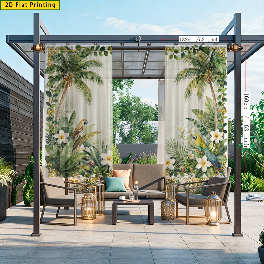 TEMU Lot de 2 rideaux voilages 2D plats, peints à à , avec bordure de plantes , palmier, perroquet, impression de plumeria, style simple et fluide