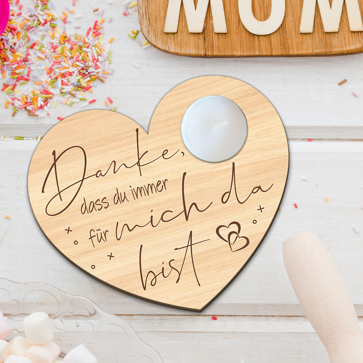 E-shop Holz-Kerzenhalter in Herzform mit deutschem Spruch, geeignet als Muttertagsgeschenk, Tischdeko mit deutschem Spruch „Liebe Zum“, für Ostern,