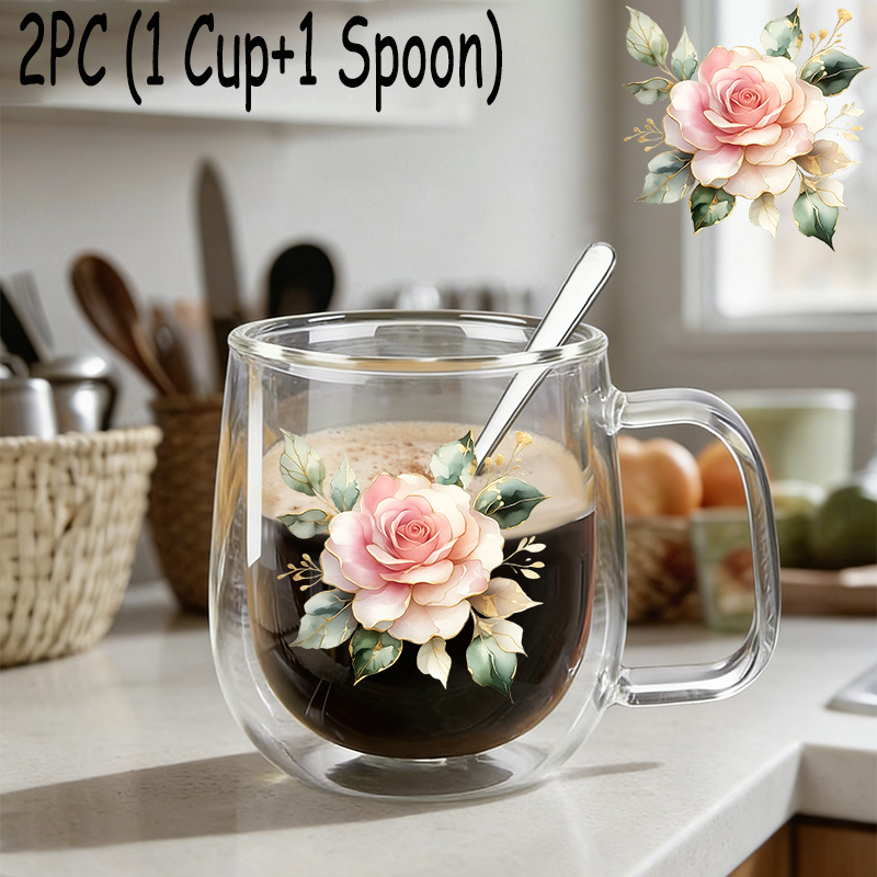 TEMU 2pcs(1pc Glass Cup 1pc Spoon),insulated Double-walled Borosilicate Reusable Water Cup With Handle,large Capacity Clear Coffee Mug For Beverages