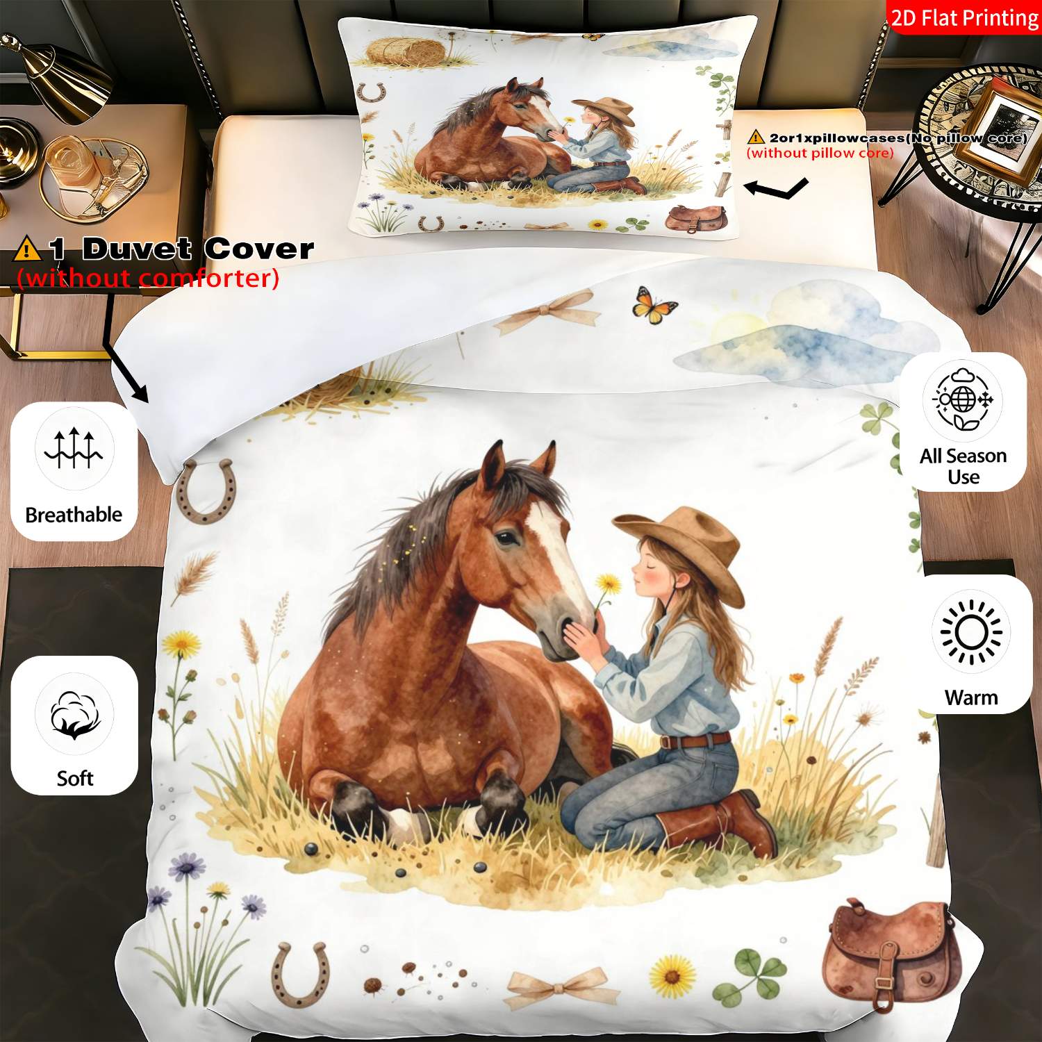 TEMU 2/3pcs 2d Flat Printing Duvet Cover Set Rustic Style Watercolor Horse & Girl Theme Bedding Brown Blue Yellow Horseshoe Floral Print Suitable For