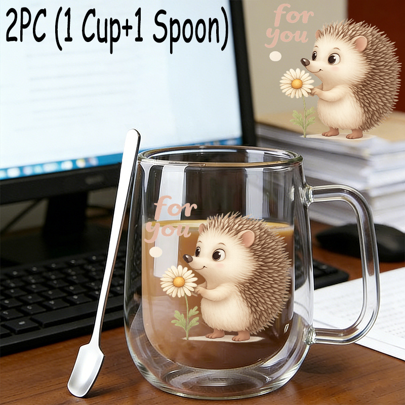TEMU 2pcs (1 tasse en verre + 1 cuillère), Gobelet d'eau réutilisable en borosilicate à double paroi isolée avec poignée, Grande , Mug à café
