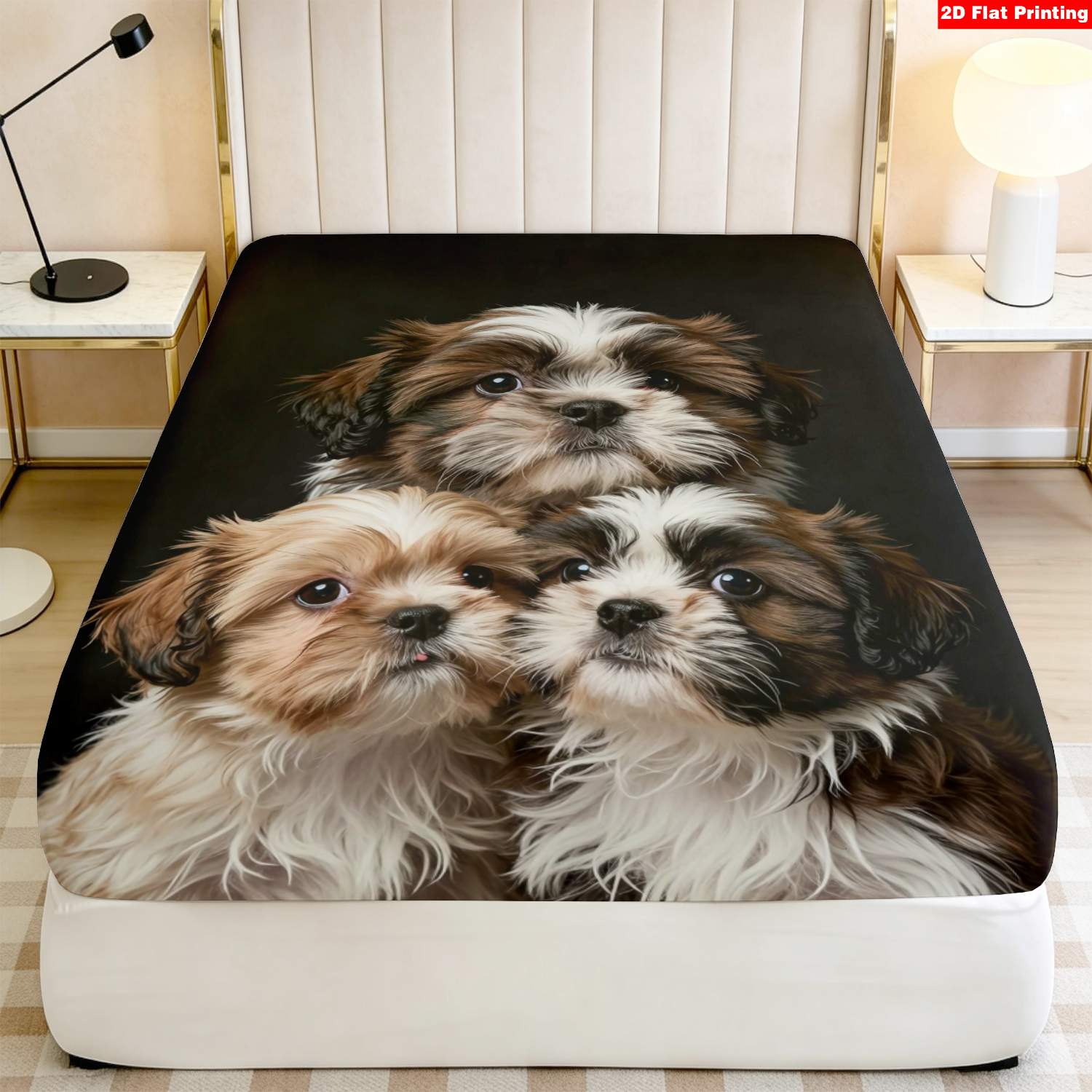 TEMU 1pc 2d Flat-printed Bedding Featuring 3 Shih Tzu Puppies In Brown, White, And Black Colors (includes 1 Fitted Sheet, Mattress Not Included). The