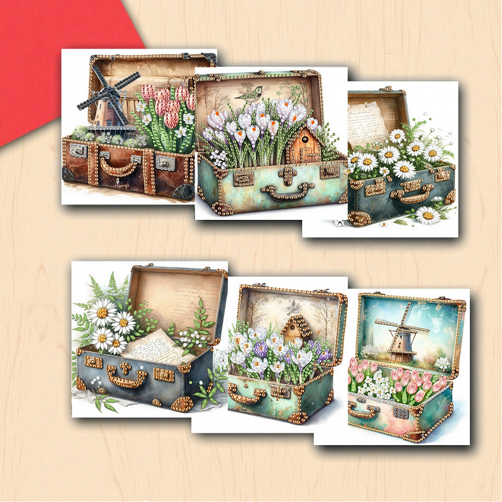 E-shop 6 Stück Einzigartige und Kreative Cartoon Retro Koffer Buchstaben und Blumen Tulpen Lilien Gänseblümchen Blumenmuster Geburtstagskarten, Diamant