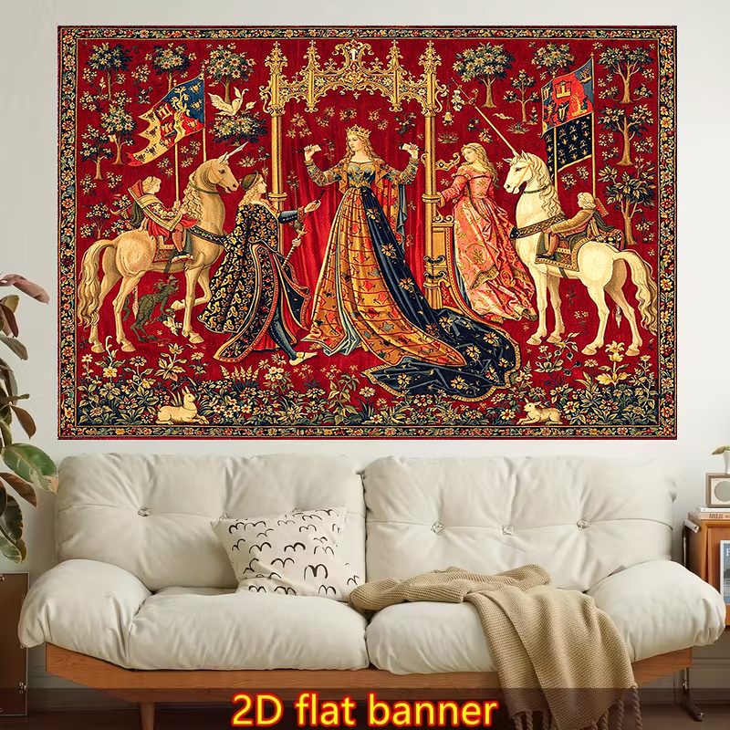 TEMU Tapisserie médiévale 2D - 2D Plat - 1pc | Reine et Chevaliers, Tapisserie murale imprimée 2D Plat, Polyester, Non lumineuse, pour la décoration