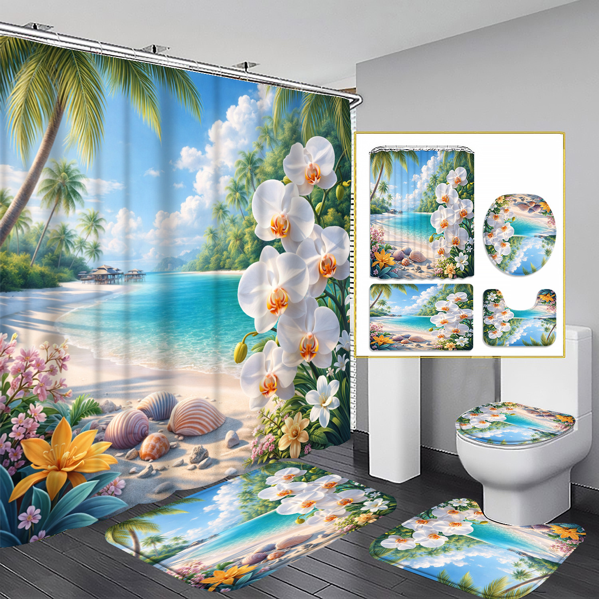 TEMU 2d Flat, 2d Flat 4pcs Tropical Beach Shower Curtain Set, Blue Seaside With Orchids And Shells Bathroom Decor, Additions With, U-shaped, Toilet