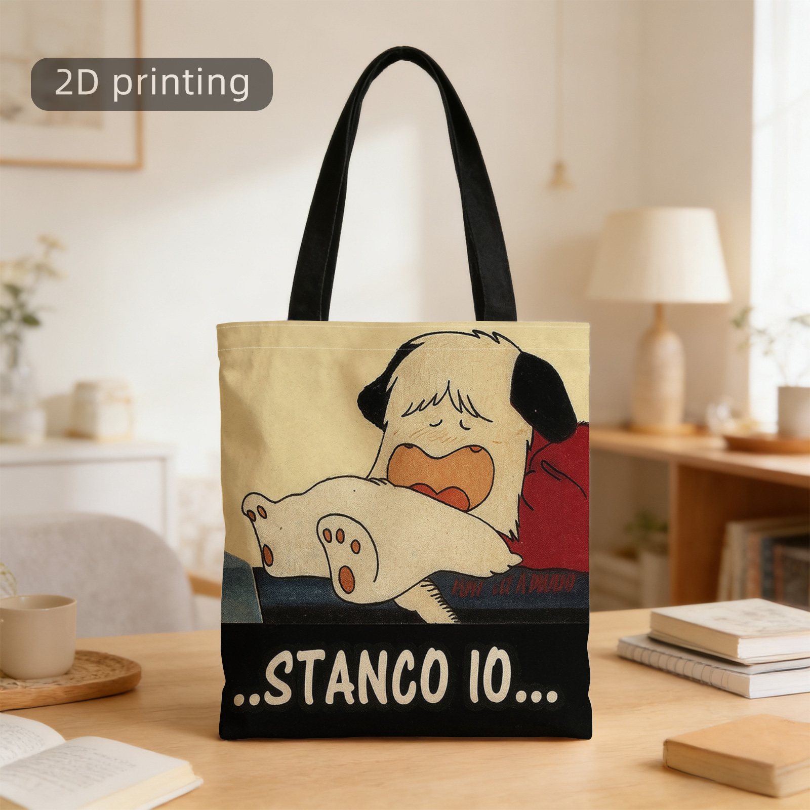 TEMU Borsa Tote Stampata 2D, Cane Sonnolento, Starnutito, Stanco Io, Cartone Animato, Stanco, Riutilizzabile, Elegante Borsa a Spalla, Borsa Tote,