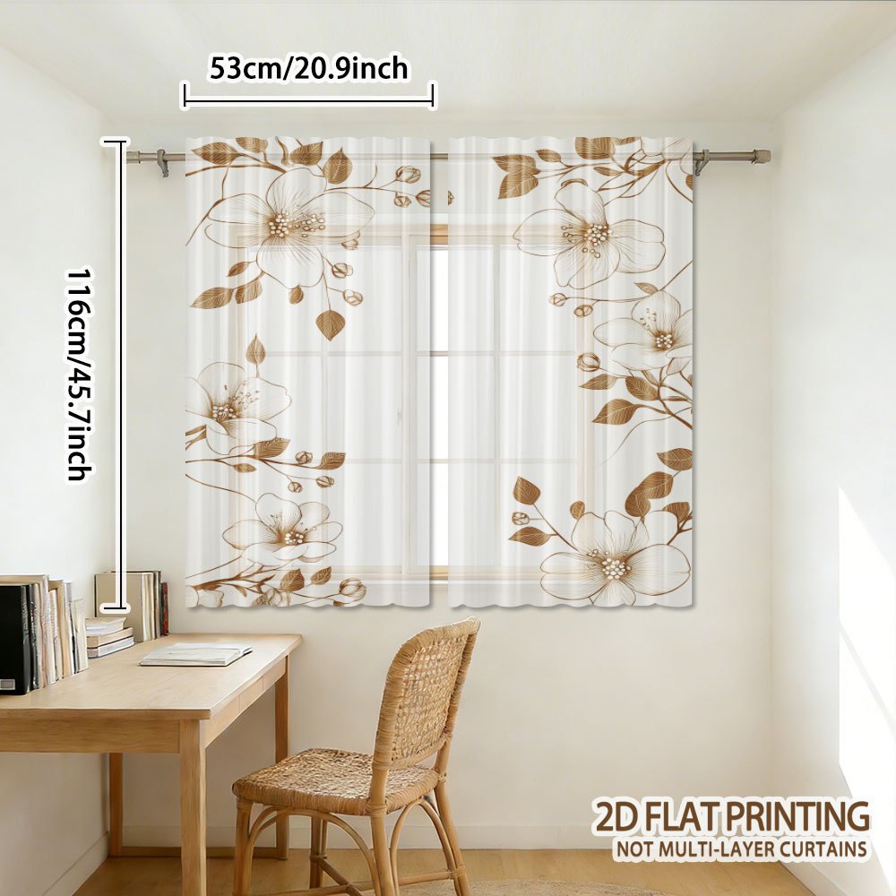TEMU 2pcs Floral Branches On Beige Sheer Curtains, Translucent Sheer Style, Suitable For Decoration Of Kitchen, Cafe, Living Room, Dining Room,