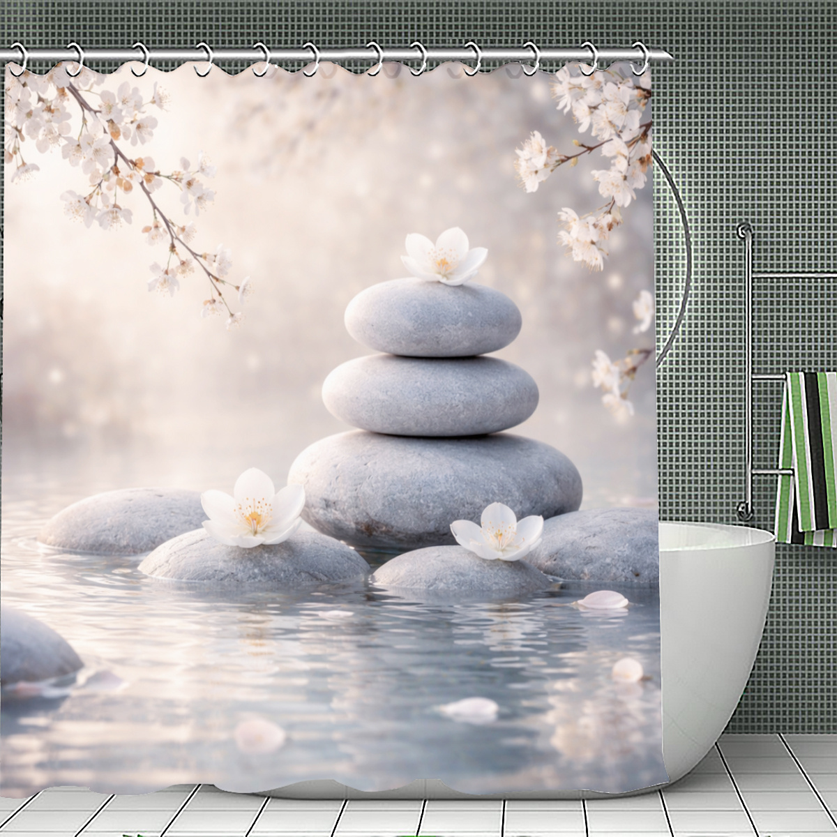 4pcs Zen Sakura Shower Curtain Set with Bath Mat
