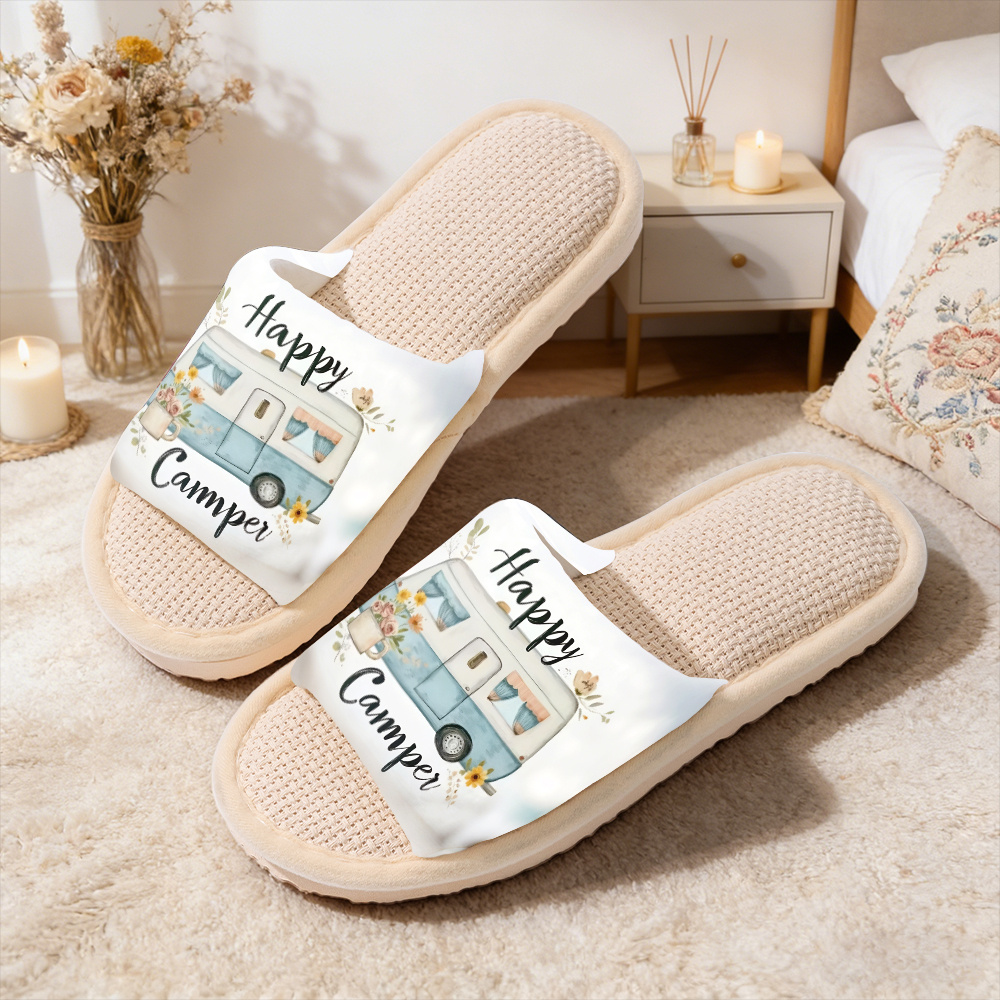 TEMU [printed Design – Not Textured] Fresh Hand-painted Style Camping Car Print Women's Fashion Home Slippers, Unisex, Easter, Summer Essential Gift,