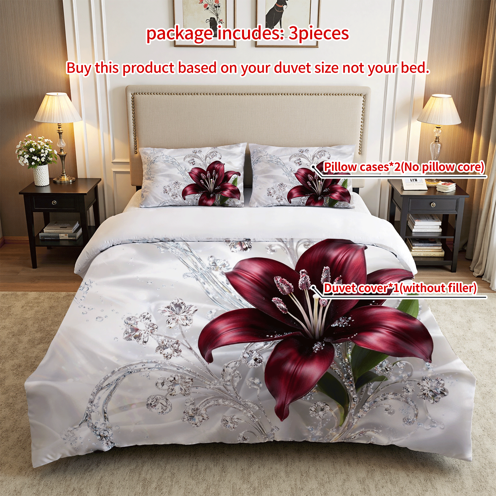 TEMU 3pcs Burgundy Lily Duvet Cover Set, Crystal - Embellished Print, Nature Theme, Breathable Polyester, All - Season, Machine Washable, , No Insert