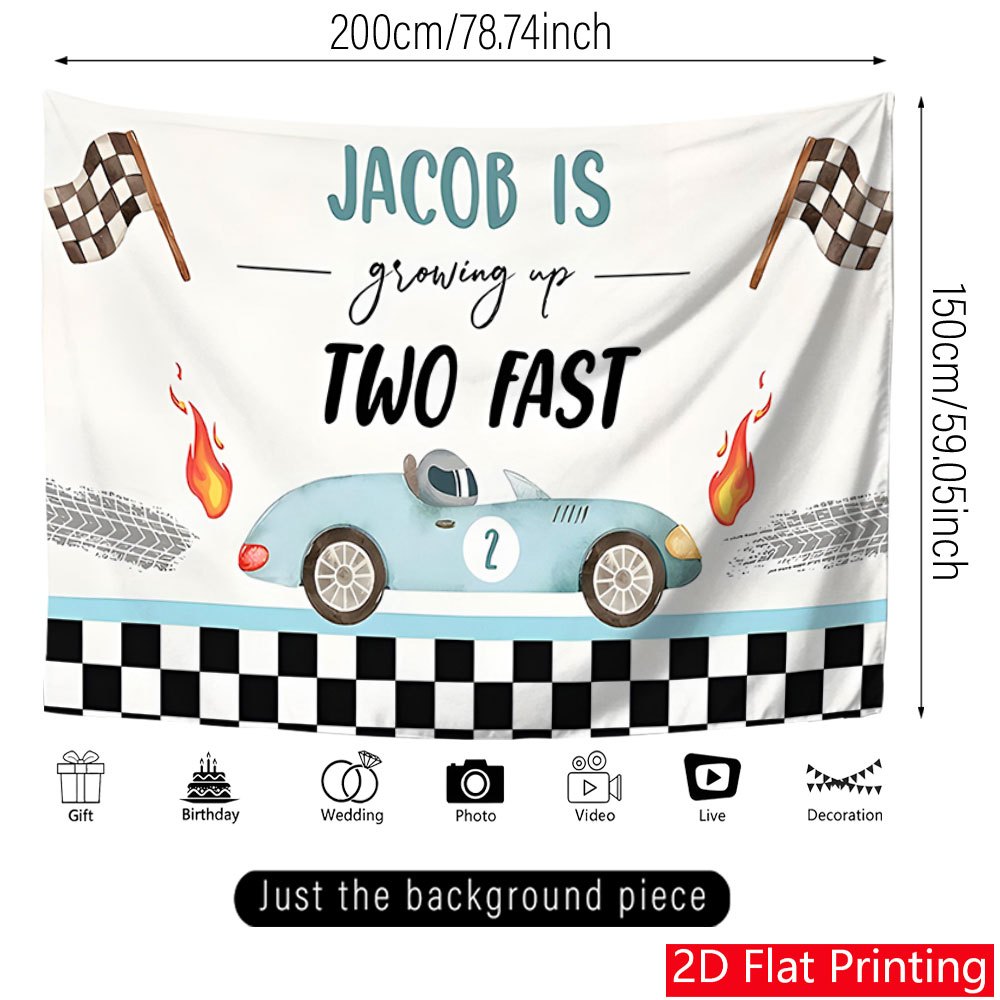 TEMU 1pc Personalized Racing Car Backdrop Banner | Custom Name Text, 2nd Birthday " 2 Fast" Design, 90.5x70.8 Inch Durable Polyester For