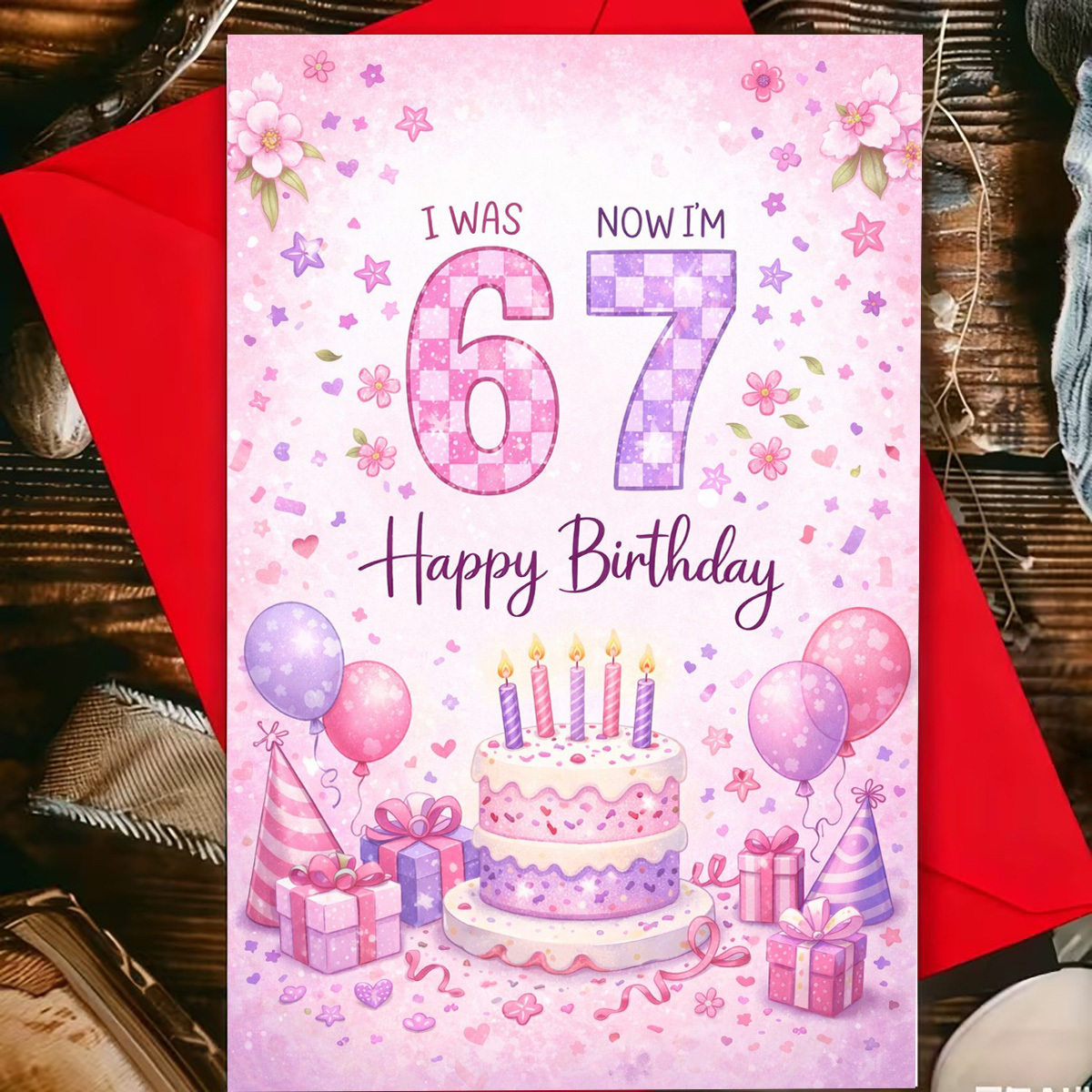 TEMU 1pc Birthday Card, Featuring Soft- Cake, Balloons, Gifts, And Confetti Patterns, With "i Was Six, Now I'. Happy Birthday!" Printed. Suitable For