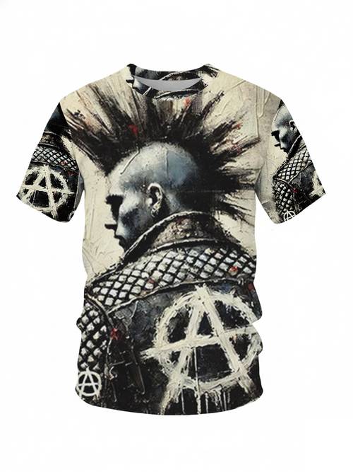 punk style mohawk graphic t shirt featuring unique symbols short sleeved trendy streetwear cool vintage rock inspired creative graffiti tee loose casual half sleeve from a dark themed fashion brand
