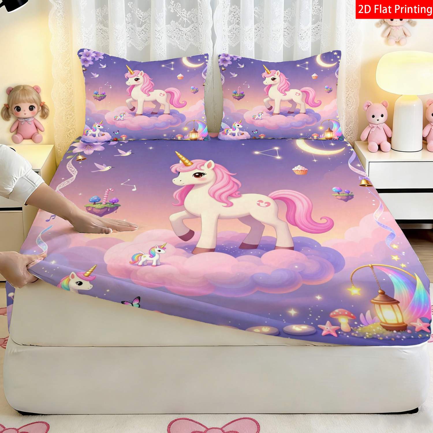 TEMU 2 Or 3pcs Of 2d Flat Printed Fitted Sheets Featuring A Cute Unicorn Theme, In Purple And Pink, With , Clouds, , And Stars. Ideal For Bedroom