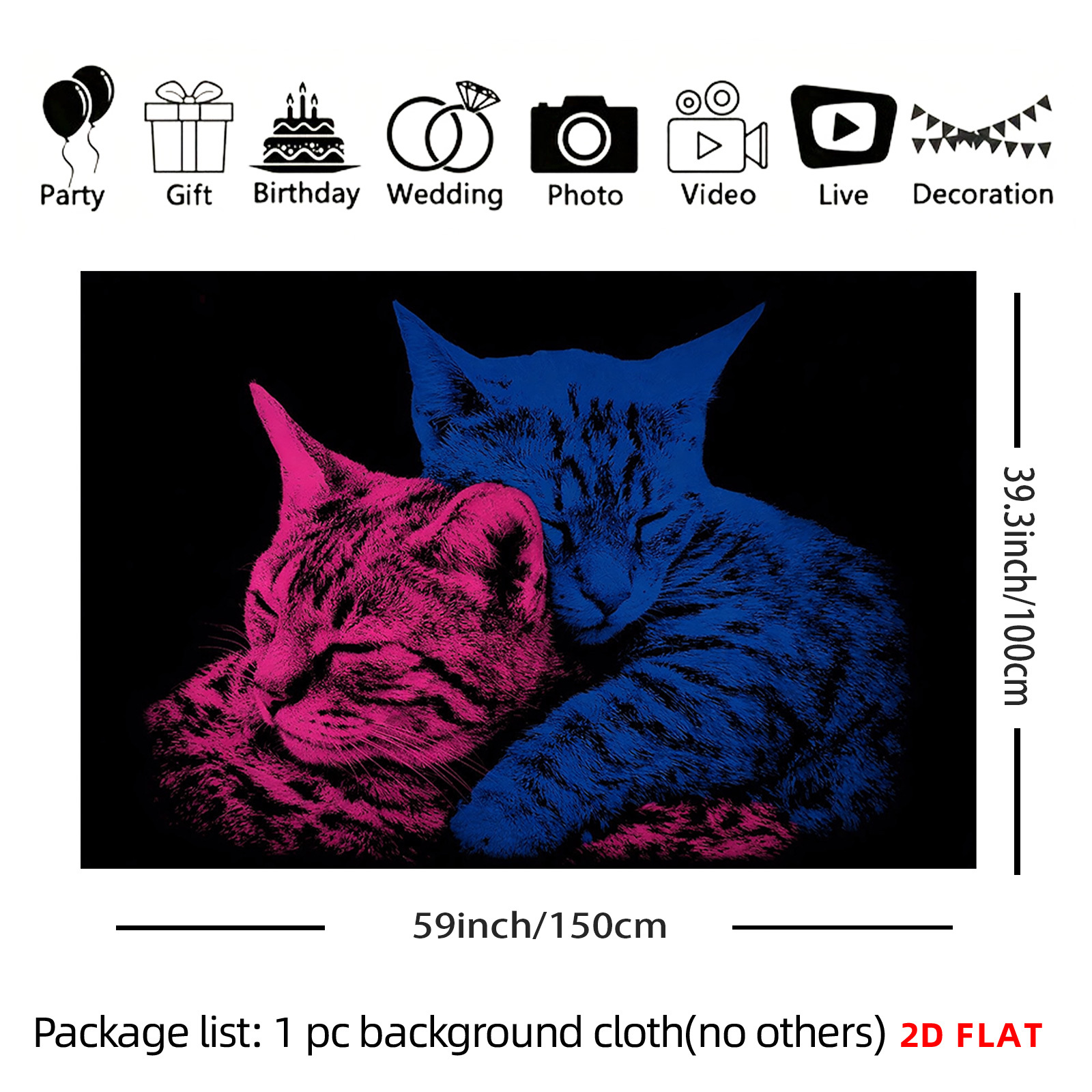 TEMU 2d Flat, [2d Plane Printing] 1 Large Size/small Size Pattern Printed Tapestry- Pink Cat, Blue Cat, Dark Background, Cuddling, Neon Colors., Room