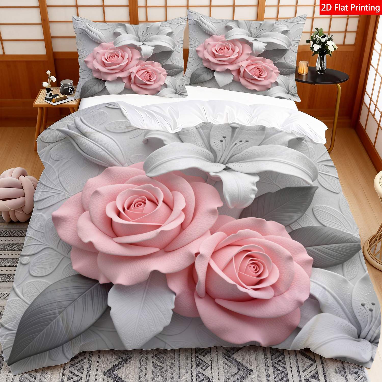 TEMU 2/3pcs 2d Flat Printing Elegant Floral Theme Quilt Cover Bedding Pattern Print Suitable For Occasions(1*duvet 1/2*pillowcases, Without Core), 2d