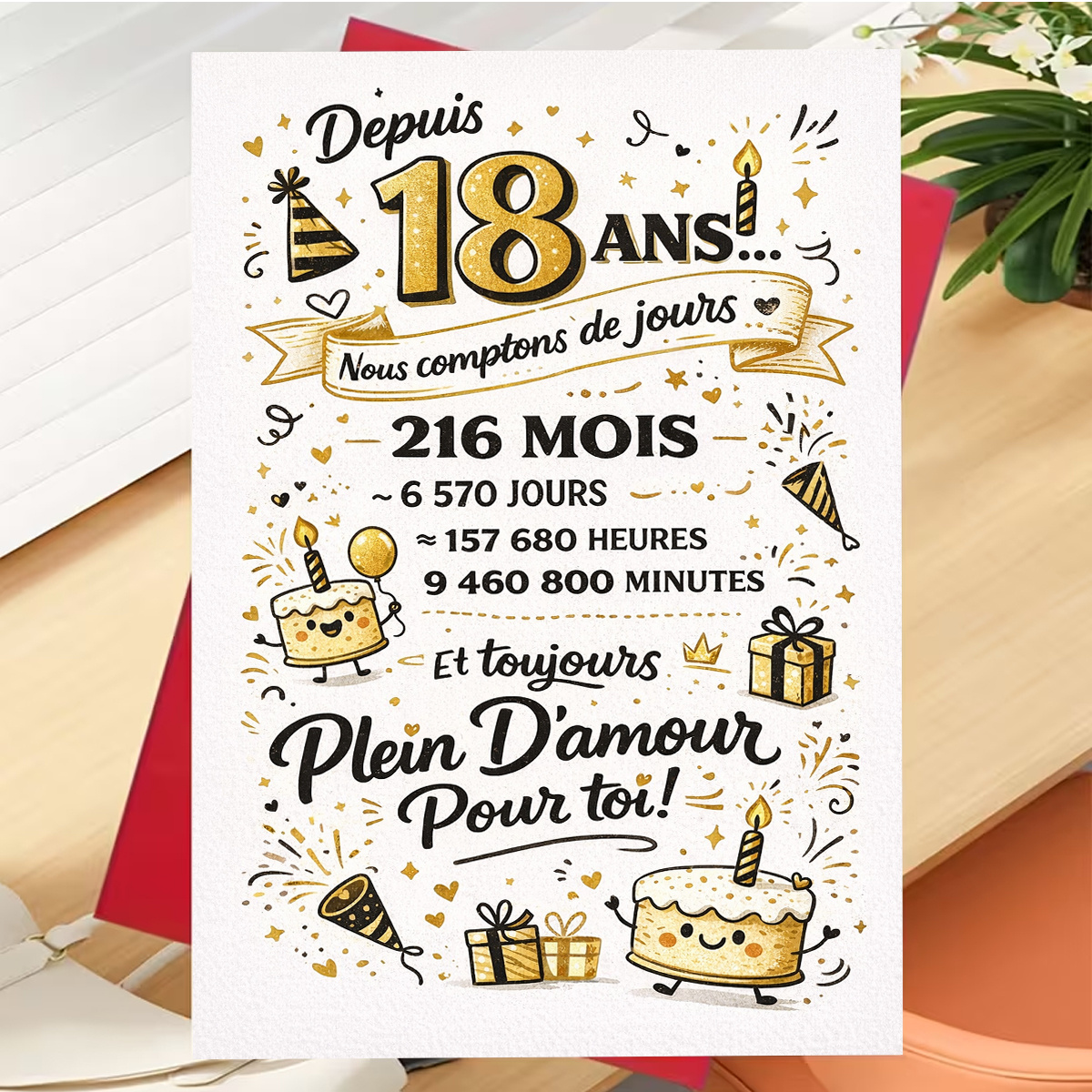 TEMU Une seule carte pour un 18e anniversaire, avec des gâteaux adorables, des ballons, des cadeaux et des avec des touches dorées, "Comptant remplis