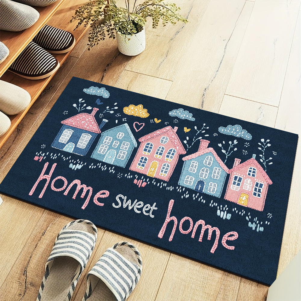 TEMU 2d Flat, 2d Flat, 2d Flat Printing 1pc Pastoral Style Colorful House With "" Slogan Pattern Printed Rug, Soft Fleece Material, Machine Washable
