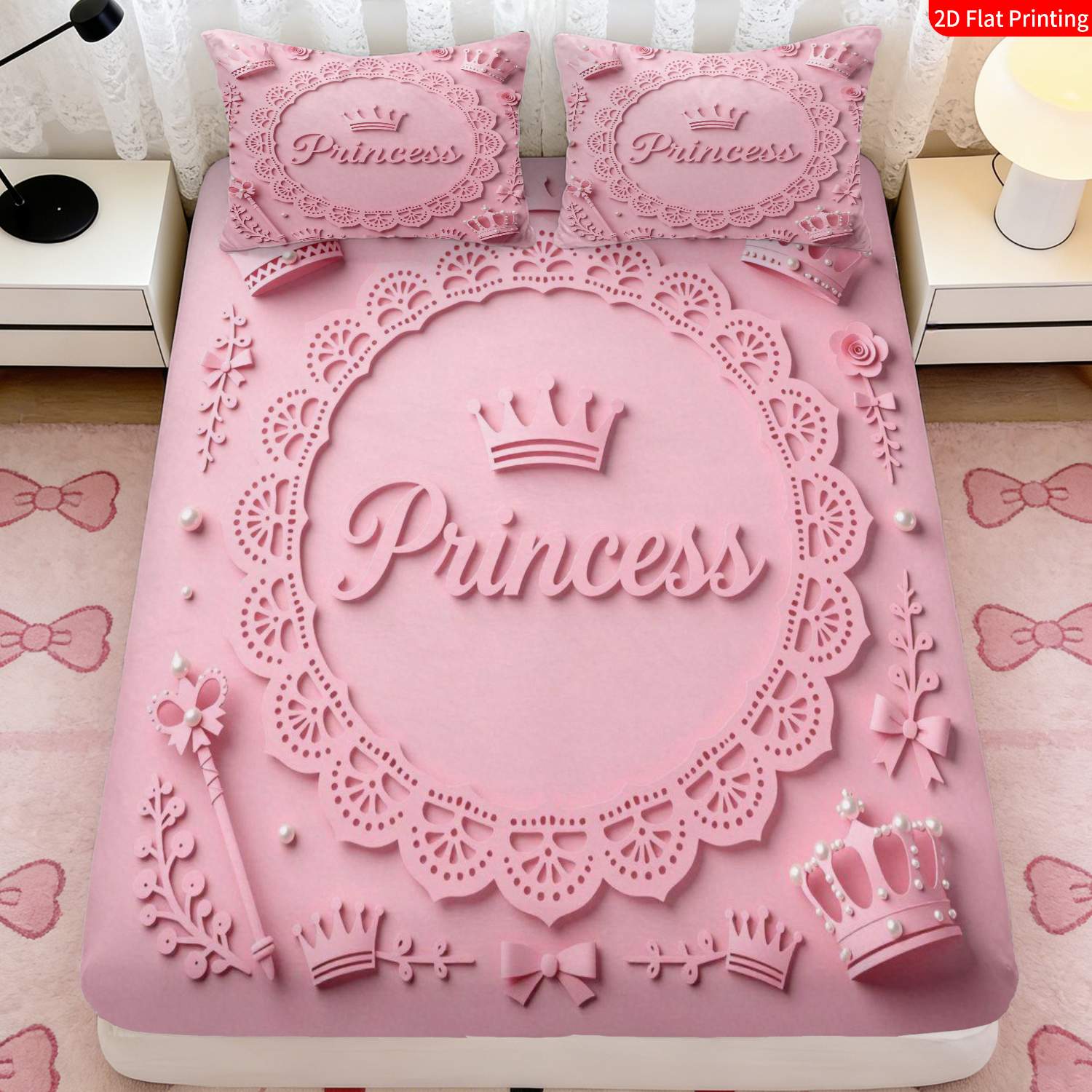2/3-delni 2D ploskih napenjalnih rjuh z motivom princeske, v roza , z motivom krone in cvetlične čipke ter napisom 'Princess', primerno za