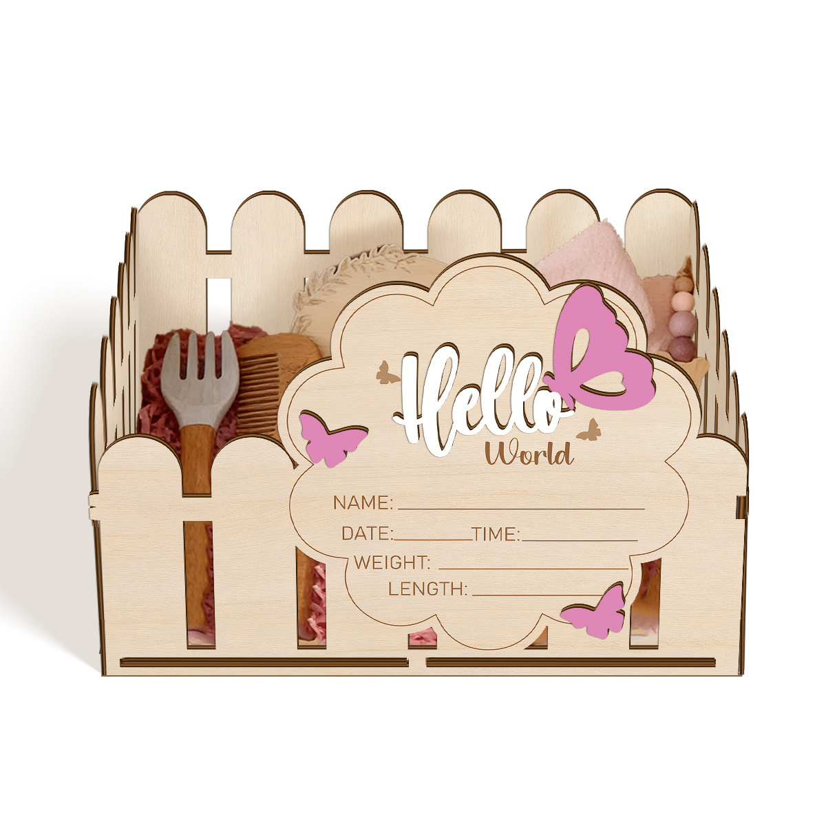 E-shop 1 Stück „Hello World“ Geburts-Aufbewahrungskorb aus Holz mit Ankündigungstafel, Namens-/-/Zeit-/Gewichtstracker, -Marker aus Holz,