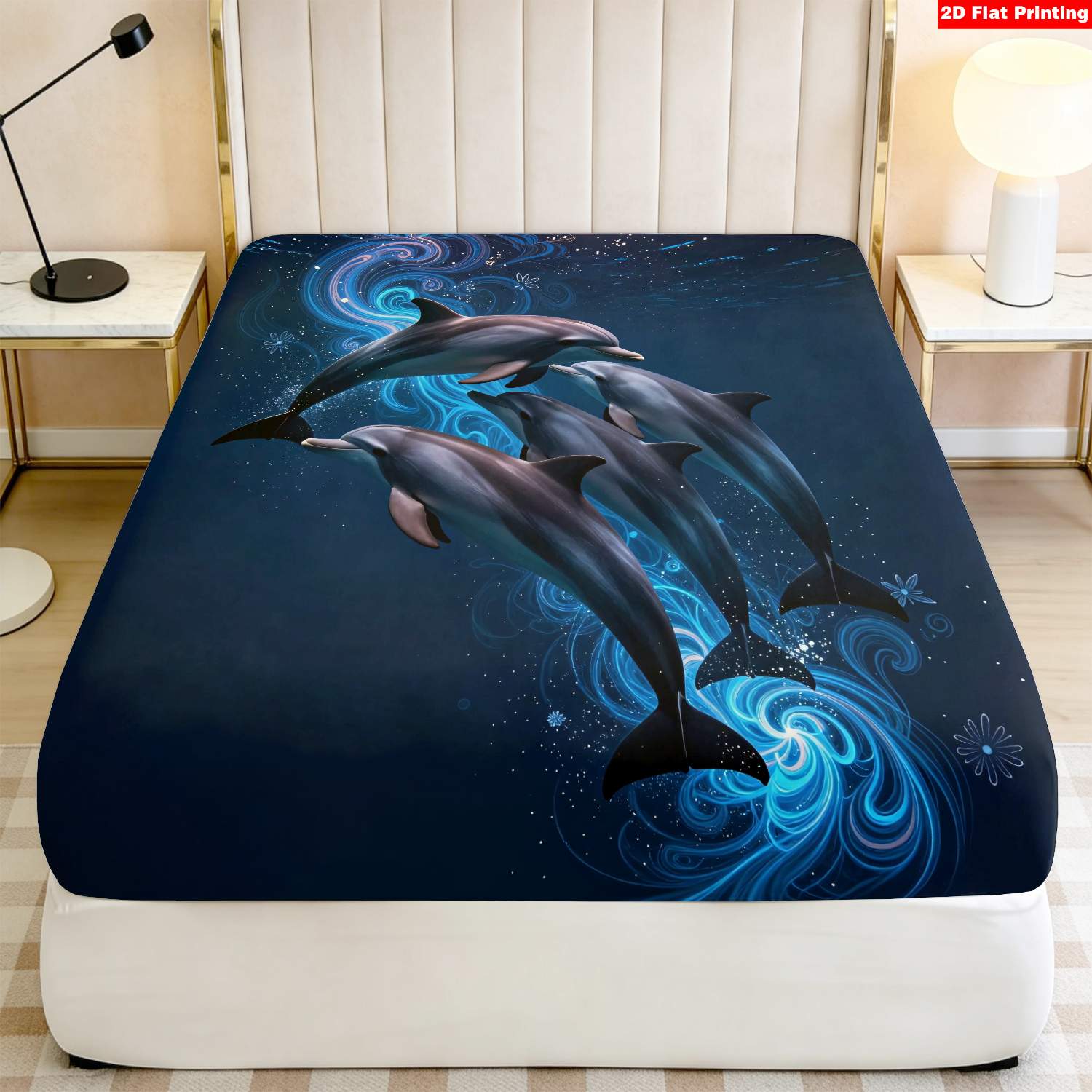 TEMU 1pc 2d Flat Print Dolphin Pattern Bedding (1 Fitted Sheet Without Mattress) - Blue, The Fabric Is Soft, Comfortable And Breathable Suitable For
