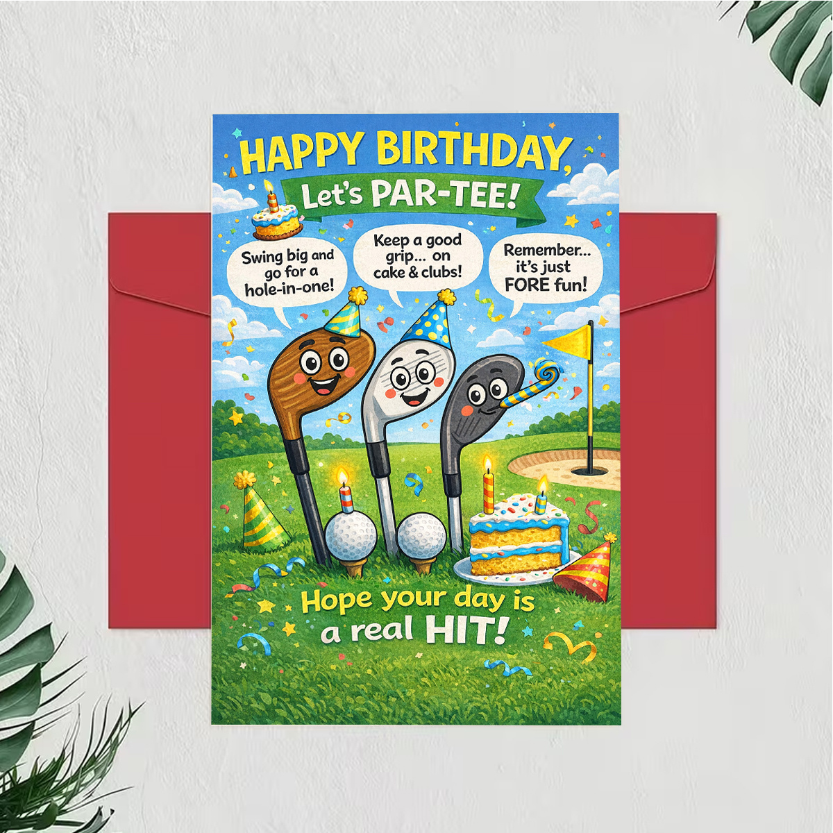 TEMU 1pc Birthday Greeting Card, Featuring Cartoon Golf Clubs And A Cake With The Text "let' Par Tee," Suitable For Golfers And Golf Fans. A
