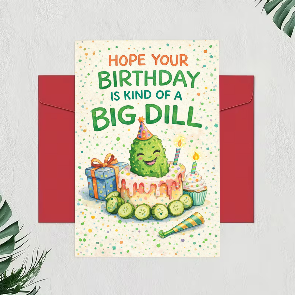 TEMU 1pc Birthday Greeting Card, Featuring A Cute Pickle On A Cake With Candles And Confetti, And " Your Birthday Is Kind Of A Big ." , Birthdays,