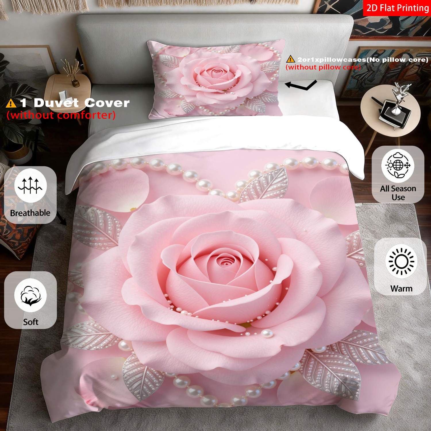 TEMU 2/3-teiliges 2D-Flachdruck Romantischer Herzförmiger Bettbezug Bettwäsche Rosa mit Rosen-Perlenperlen, -Druckmuster, geeignet für verschiedene