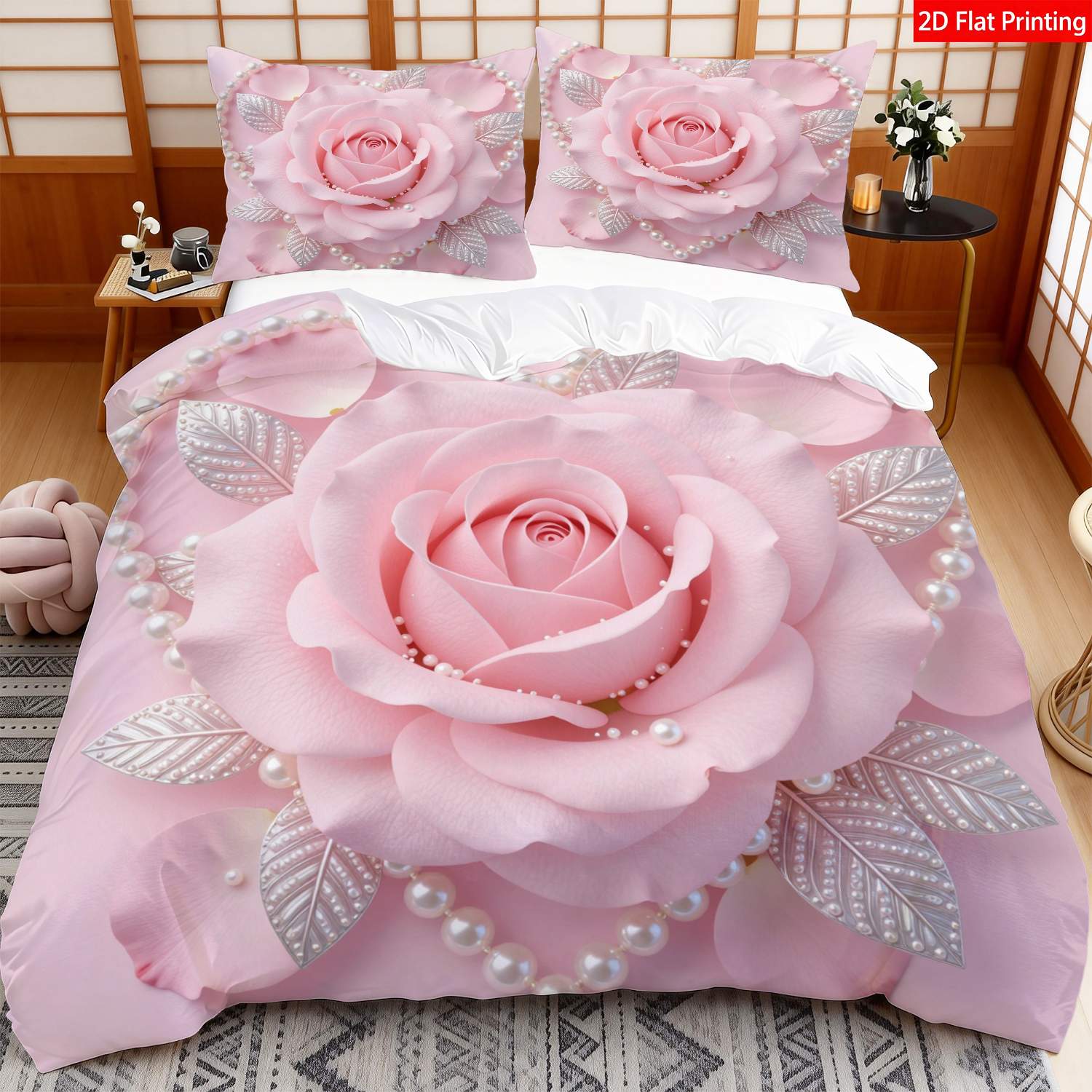 TEMU 2/3pcs 2d Flat Printing Romantic Heart-shaped Quilt Cover Bedding Pink With ** Bead Silver Leaf Print Pattern Suitable For Occasions(1*duvet