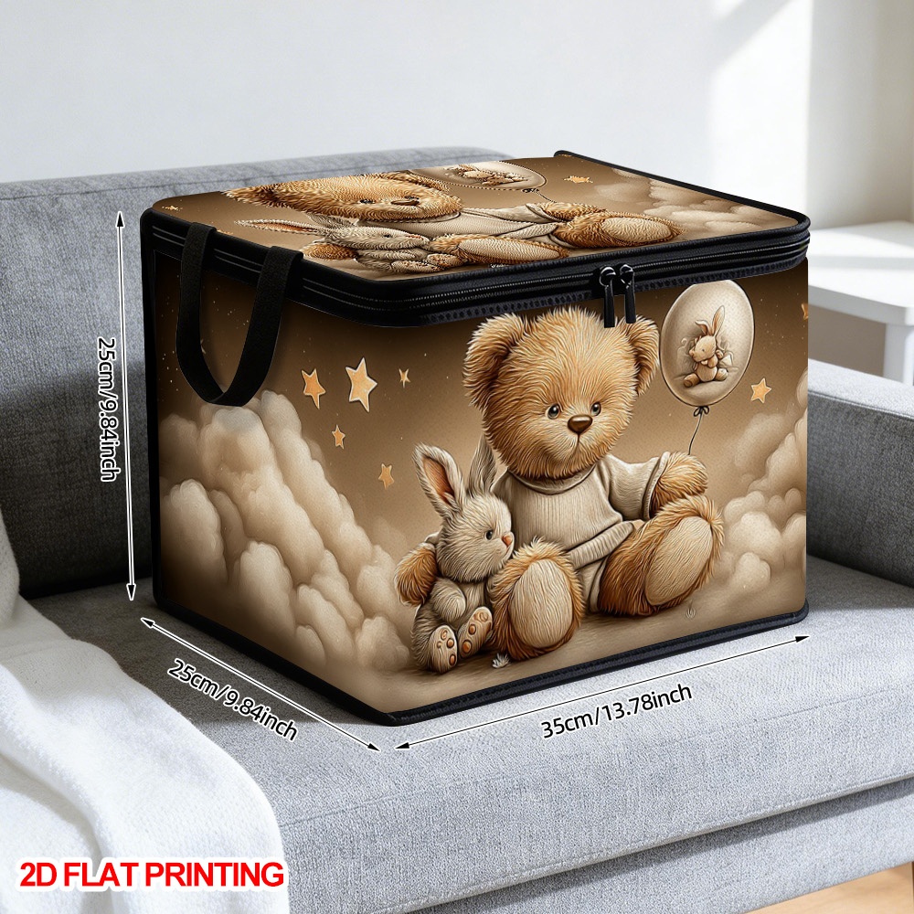 TEMU 1pc 1pcs Teddy Bear & Bunny Storage Basket With Lid - Oxford Cloth Hamper Suitable For Bedroom,, Room, Bathroom Shelf, Clothes Basket For,